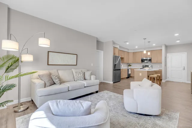 a living room with furniture and a dining table with kitchen view
