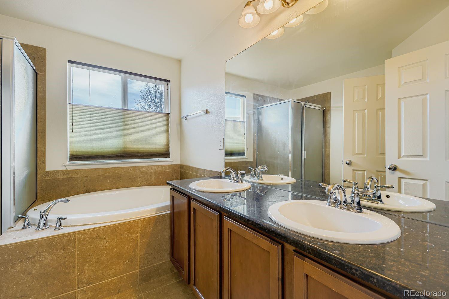 166 Bittern Drive Johnstown, CO 80534 - Photo 17 of 28 a bathroom with a granite countertop tub sink and mirror