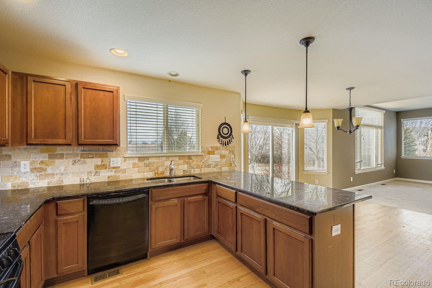 166 Bittern Drive Johnstown, CO 80534 - Photo 9 of 28 a kitchen with stainless steel appliances granite countertop a sink and a wooden floor