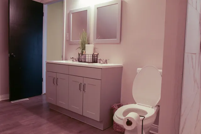a bathroom with a toilet mirror and sink