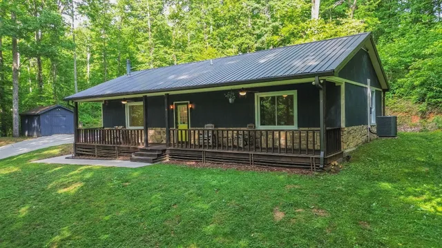 a view of a house with a yard deck and a large tree