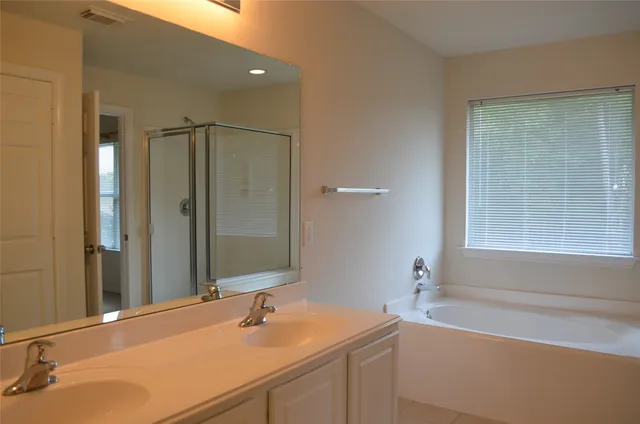 a bathroom with a tub sink and mirror