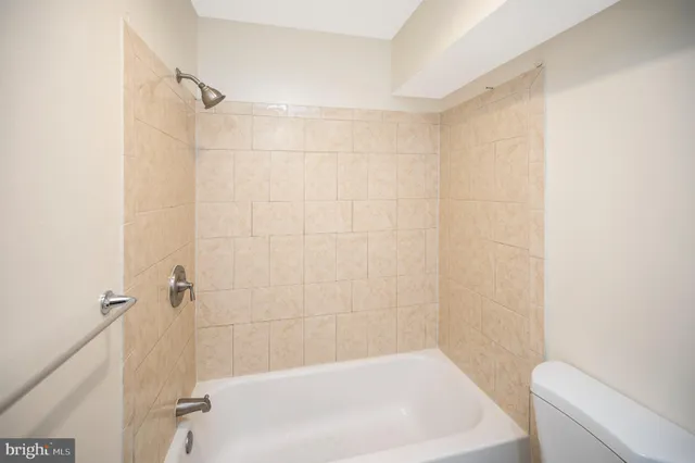 a bathroom with a bathtub and a toilet
