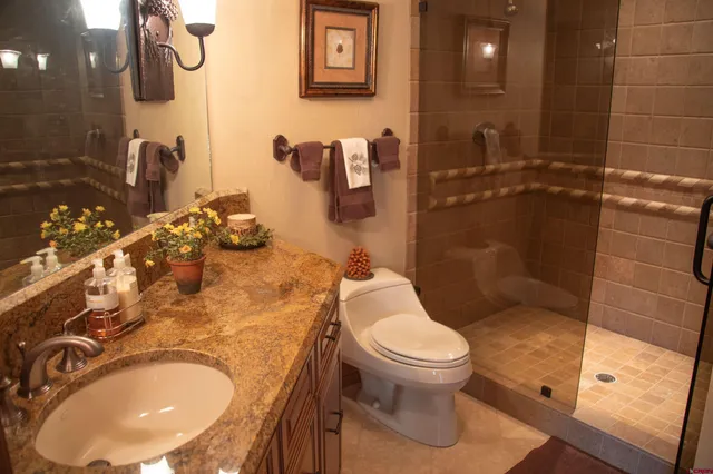 a bathroom with a sink toilet and shower