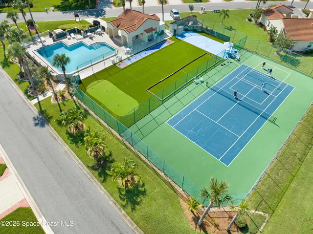 an aerial view of a swimming pool