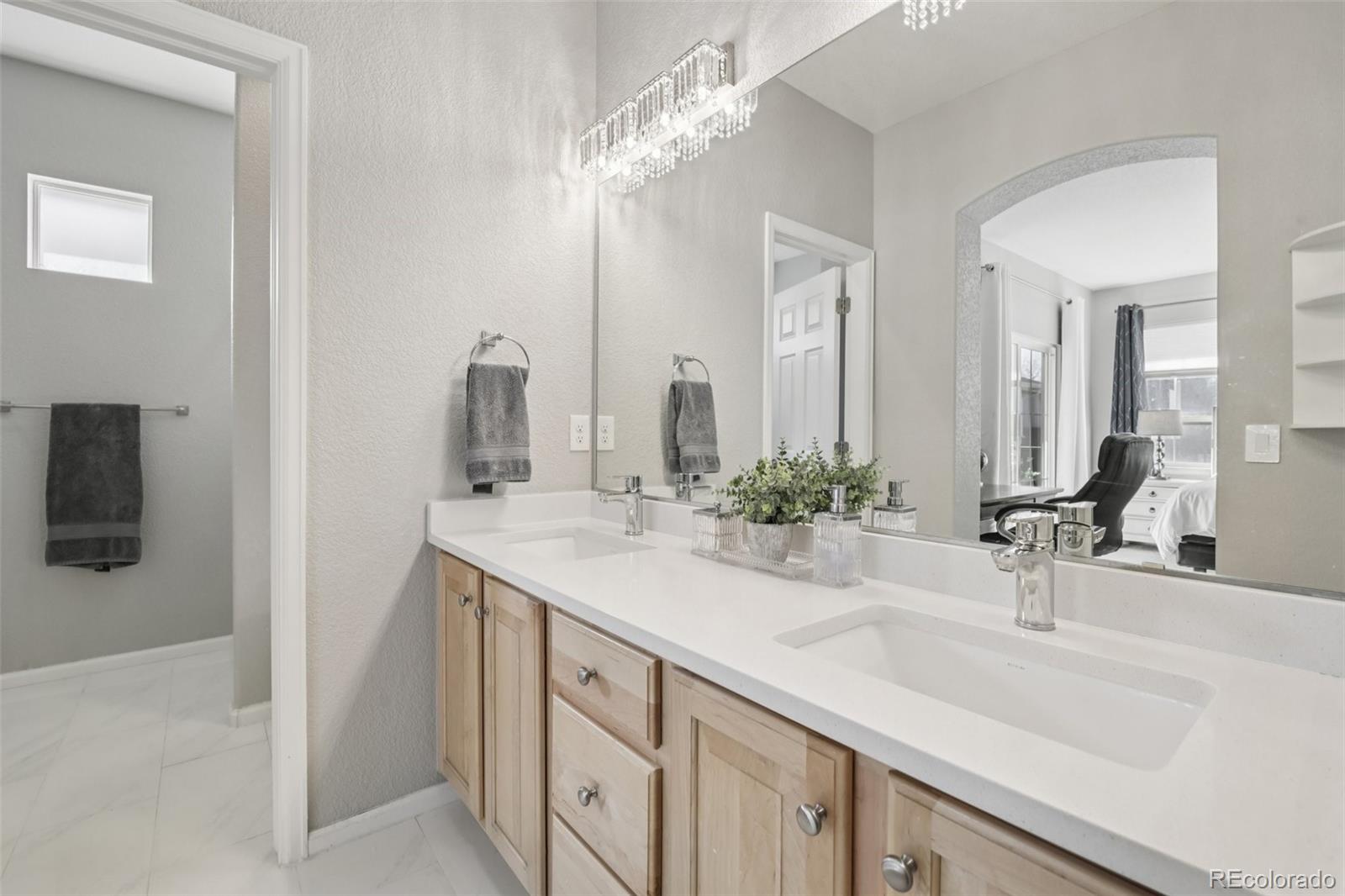 224 Whitehaven Circle Highlands Ranch, CO 80129 - Photo 16 of 34 a bathroom with a double vanity sink and a mirror
