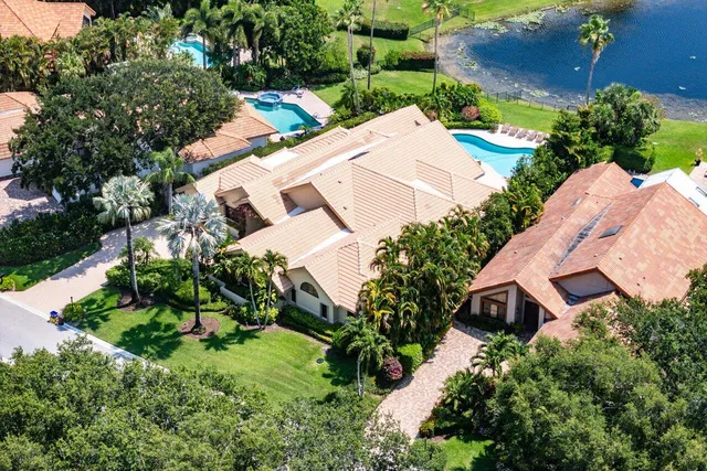 a aerial view of a house with a yard and potted plants