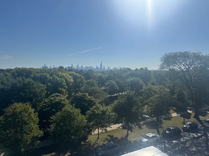 a view of a city with lush green forest