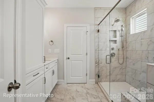 a bathroom with a shower and a sink