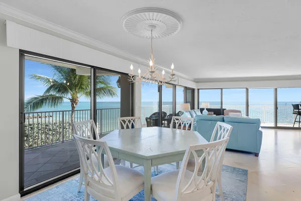 a view of a dining room with furniture window and outside view