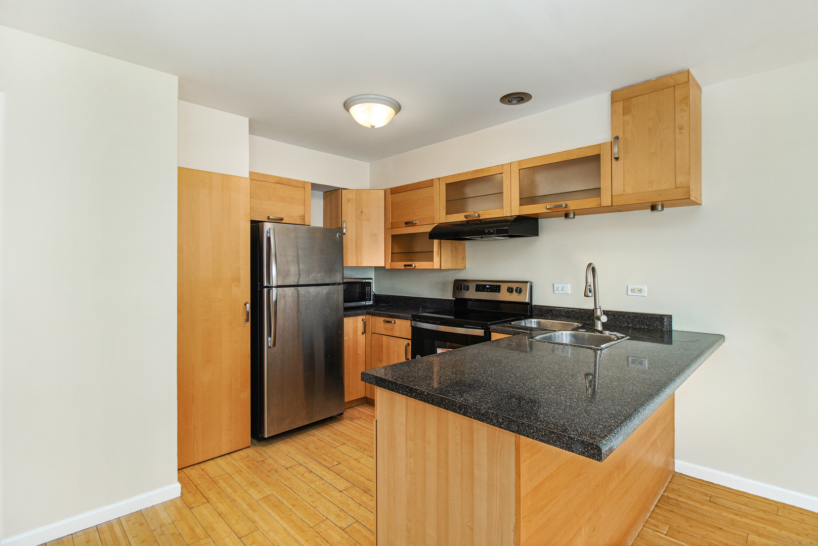 1334 South Lorraine Road, Unit F Wheaton, IL 60189 - Photo 5 of 12 a kitchen with stainless steel appliances granite countertop a refrigerator a sink a stove and island