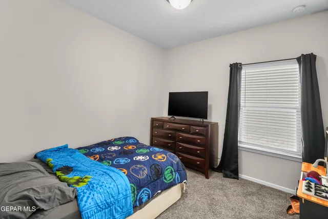a bedroom with a bed and flat screen tv