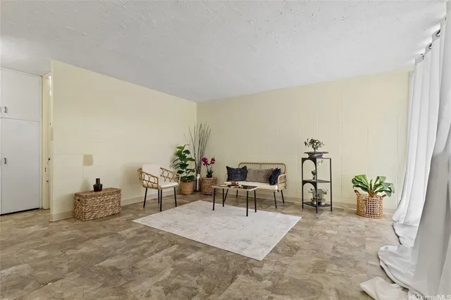 a living room with furniture and a potted plant