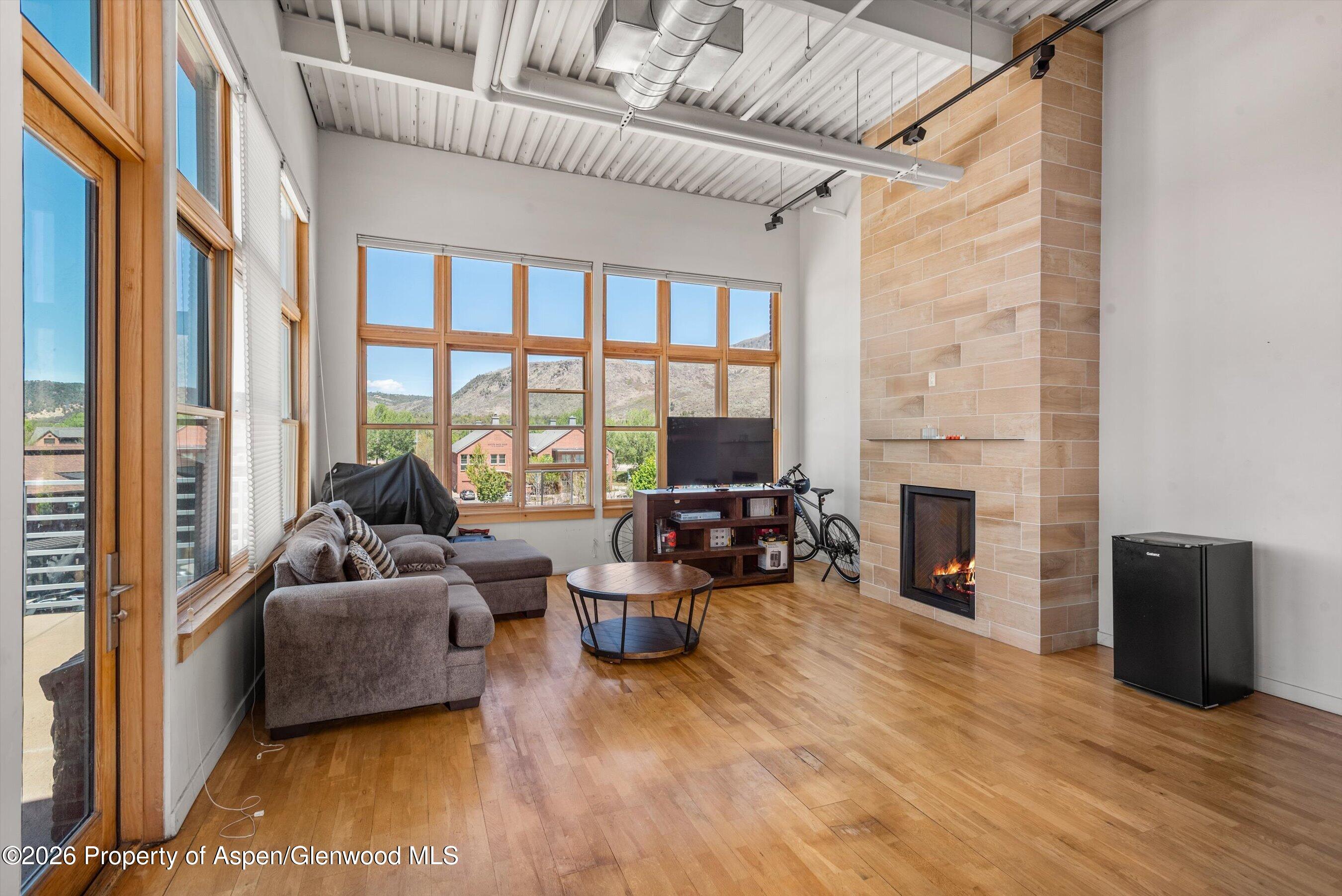 231 Robinson Street, Unit 312 Basalt, CO 81621 - Photo 6 of 18 a living room with furniture and a fireplace
