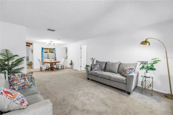 a living room with furniture and a potted plant