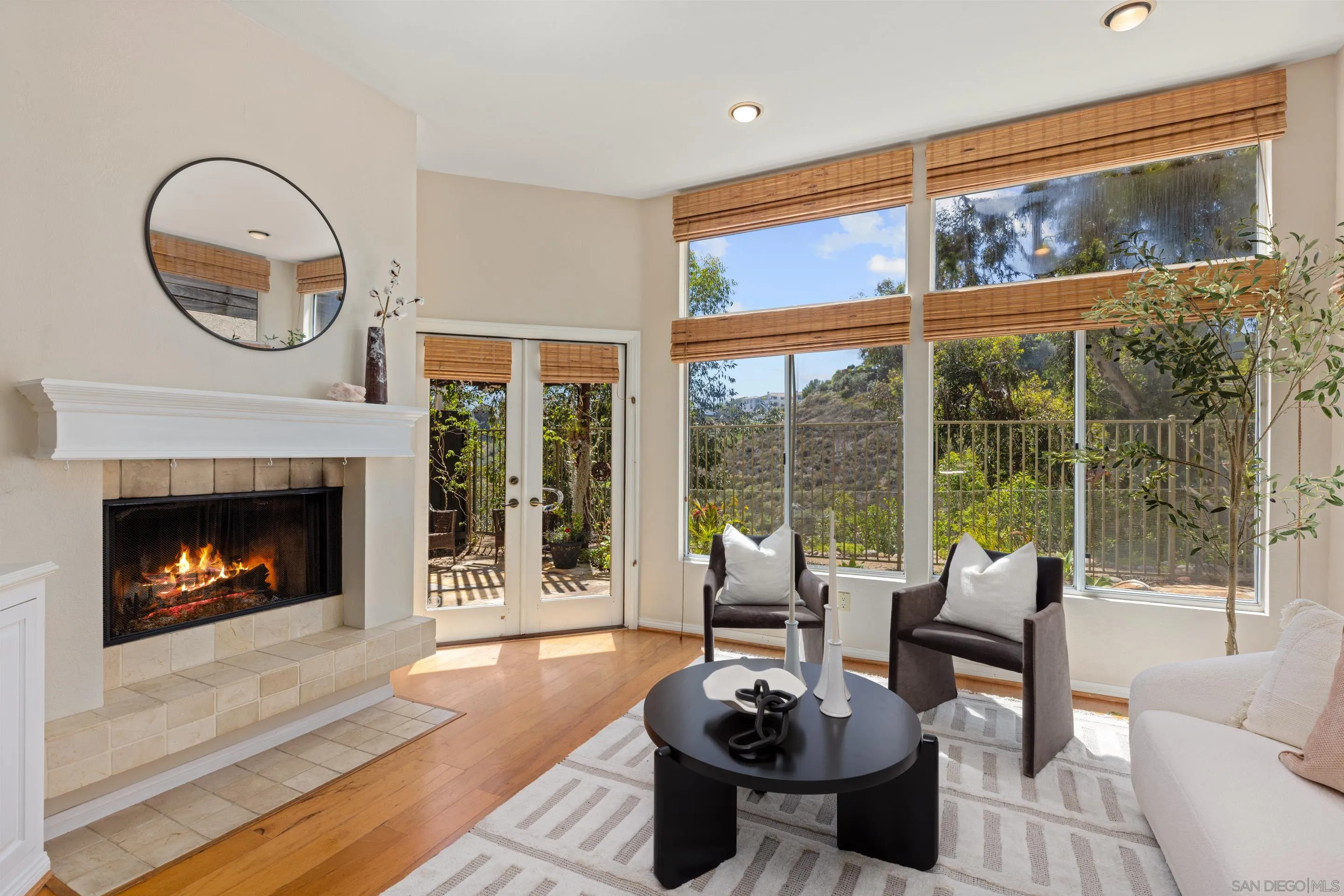 1466 Caminito Solidago La Jolla, CA 92037 - Photo 8 of 62 a living room with furniture a fireplace and a floor to ceiling window