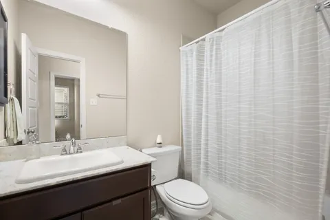 a bathroom with a sink a toilet and shower curtain
