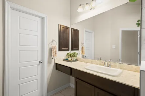a bathroom with a sink and a mirror