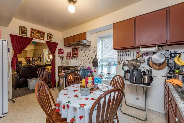 a view of dining room with furniture and toys