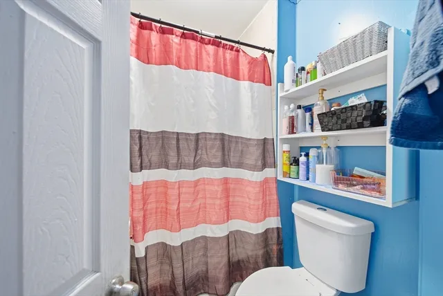 a bathroom with a bathtub and a toilet