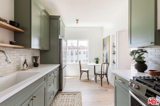 a kitchen with a sink and potted plant