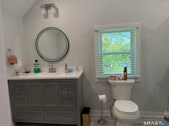 a bathroom with a toilet a sink and mirror
