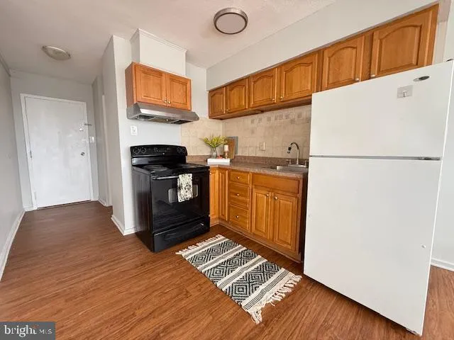 a kitchen with a stove a refrigerator and a sink