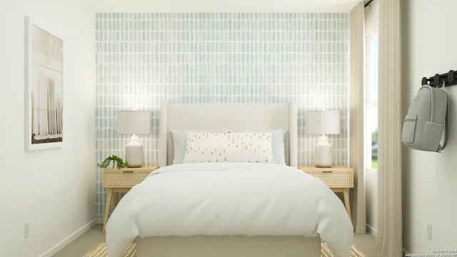 a bedroom with a bed and glass window