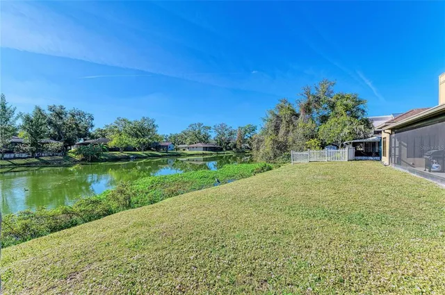 a view of a backyard with plants and lake view
