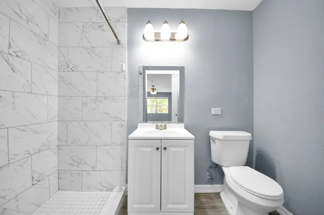 a bathroom with a toilet a sink and mirror
