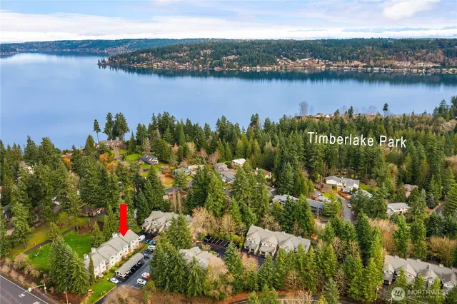 an aerial view of residential houses with outdoor space and lake view
