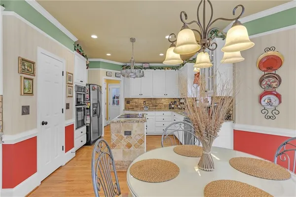 a view of a dining room with furniture