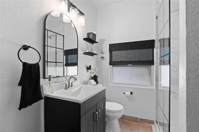 a bathroom with a sink a toilet and mirror