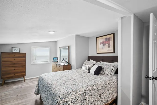 a bedroom with a bed and a closet