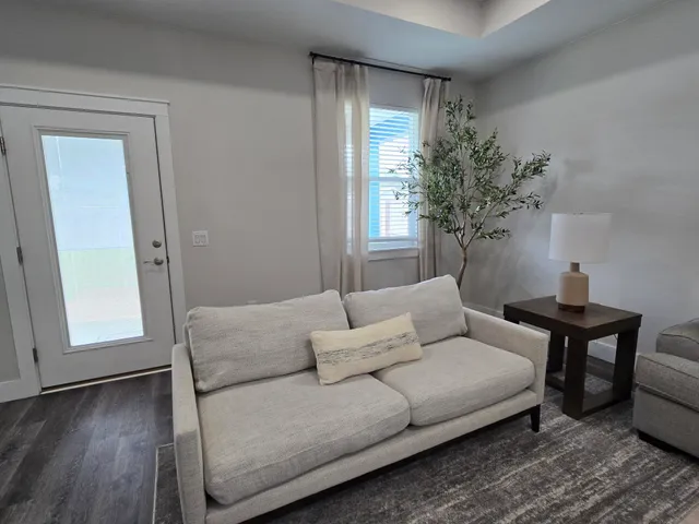 a living room with furniture and a potted plant