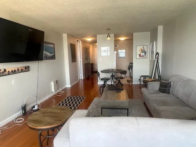 a living room with couches and a large mirror with wooden floor