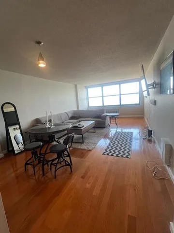 a living room with furniture a rug and a window
