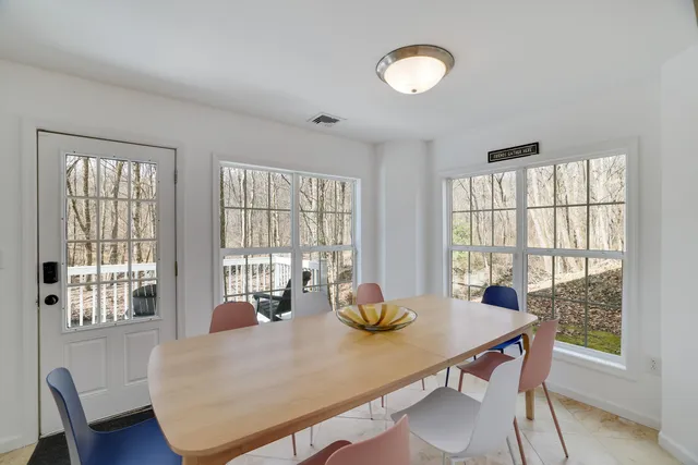 a view of a dining room with furniture window and outside view