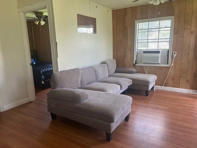 a view of a backyard with potted plants and large trees