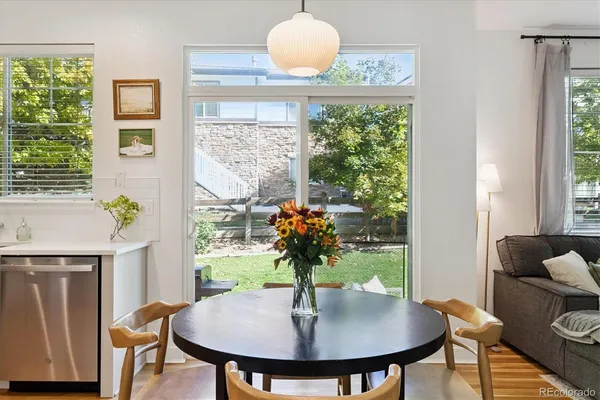 a view of a dining room with furniture window and outside view
