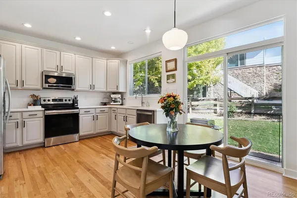 a kitchen with a table chairs stove and microwave