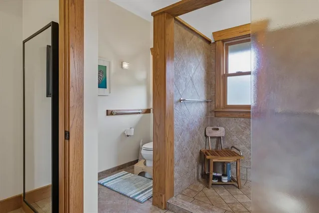 a bathroom with a toilet a sink a mirror and a shower