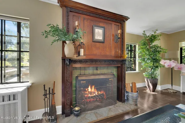 a living room with a fireplace windows and a potted plant