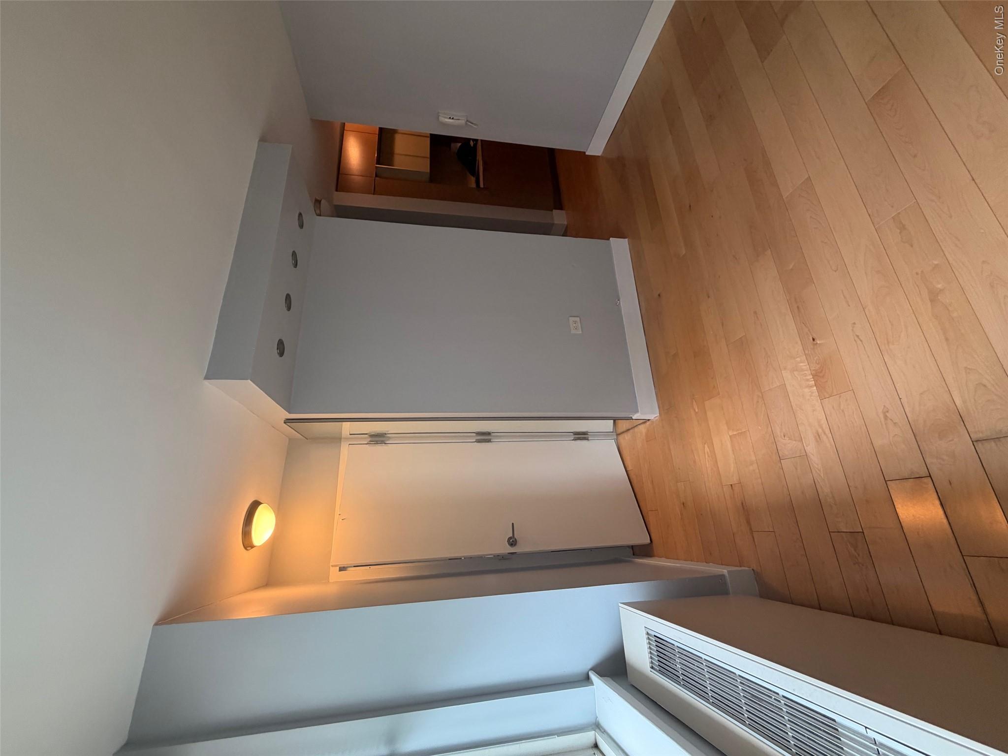 225 Rector Place, Unit 7E Manhattan, NY 10280 - Photo 3 of 19 Hardwood flooring throughout, featuring a window with city buildings visible, a ceiling-mounted light fixture, recessed lighting, and a full-length wall mirror