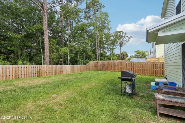 a garden view with a seating space
