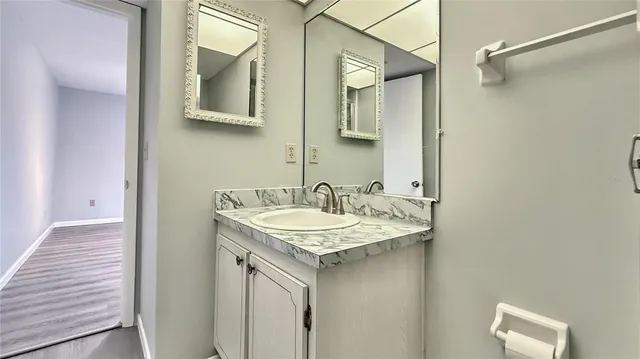 a bathroom with a sink and a mirror