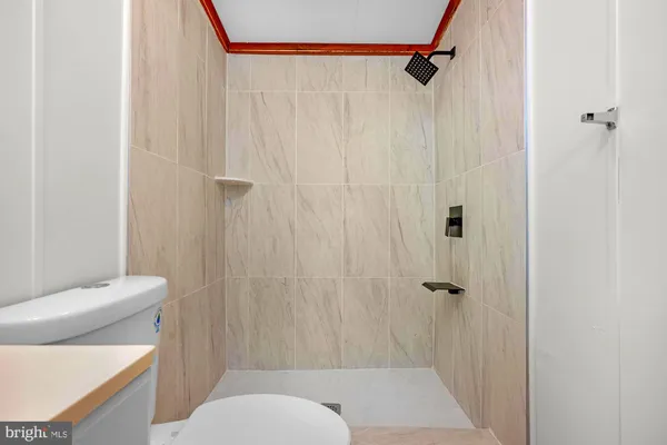 a bathroom with a toilet and a shower