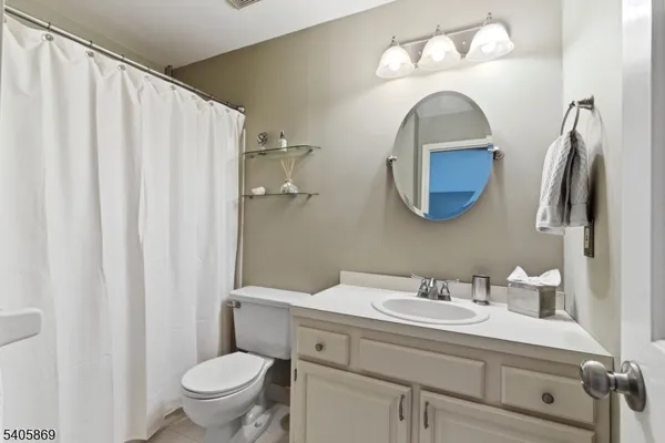 a bathroom with a sink mirror and toilet