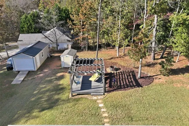 an outdoor space with seating