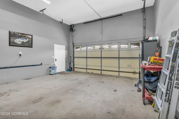 a view of a garage with storage